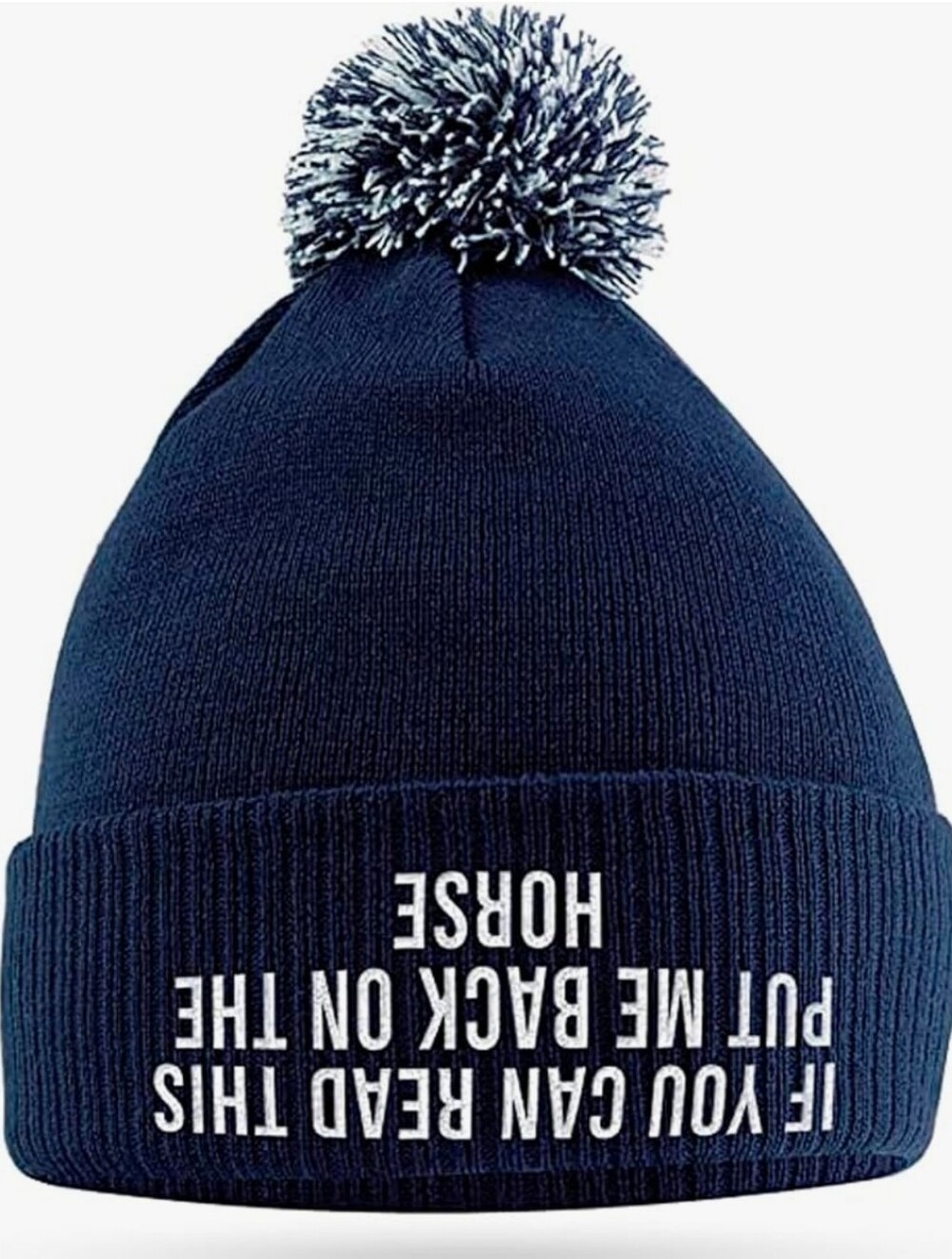 NEW-Navy Pom Pom Beanie Hat - Text Graphic-Gift, Funny, Horses, Riding, OS